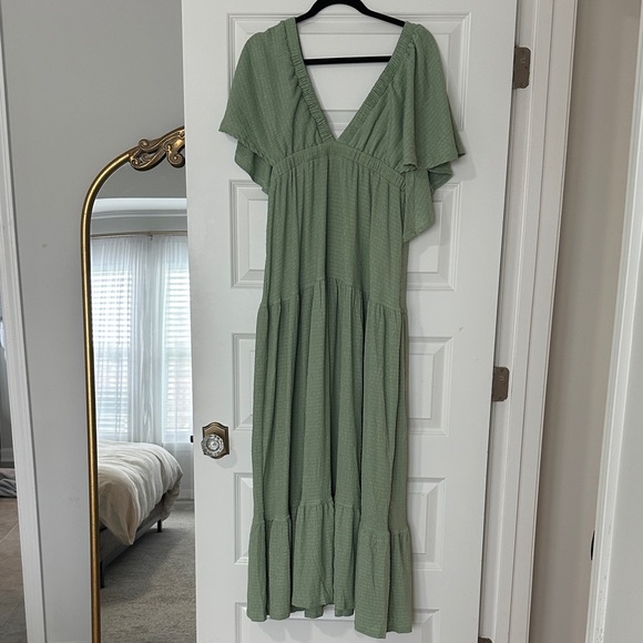 Kikibell Dresses & Skirts - Sage Green V-Neck Tiered Maxi Dress with Flutter Sleeves